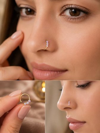 925 Ayar Gümüş 3 Taşlı Minimal Burun Hızması Piercing – Gri Opal Efektli Işığa Göre Renk Değiştiren