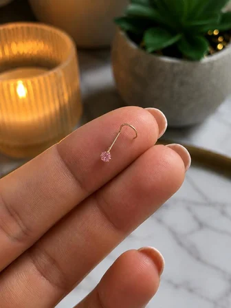 925 Ayar Gümüş Pembe Taşlı Sarı Burun Hızması L Tipi Minimal Unisex Nose Stud Piercing 