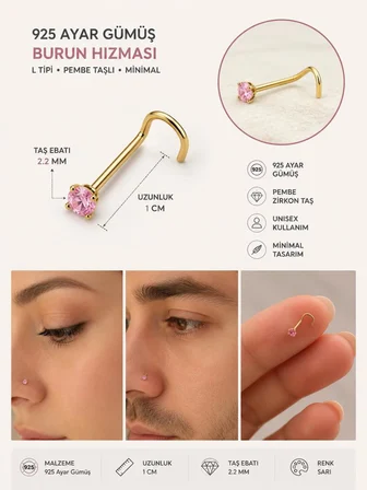 925 Ayar Gümüş Pembe Taşlı Sarı Burun Hızması L Tipi Minimal Unisex Nose Stud Piercing 
