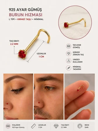 925 Ayar Gümüş Kırmızı Taşlı Burun Hızması Piercing Minimal L Şekilli Unisex Nose Stud