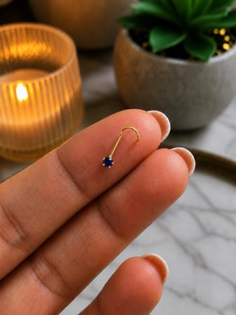 925 Ayar Gümüş Mavi Taşlı Sarı Renk Burun Hızması Piercing Minimal L Şekilli Unisex Nose Stud