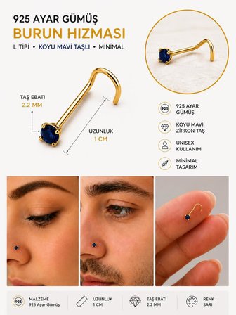 925 Ayar Gümüş Mavi Taşlı Sarı Renk Burun Hızması Piercing Minimal L Şekilli Unisex Nose Stud
