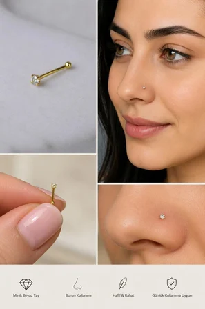 925 Ayar Gümüş Beyaz Taşlı Burun Hızması 9 mm 1.6 mm Tek Taş Minimal Nose Stud Sarı Renk
