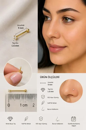 925 Ayar Gümüş Beyaz Taşlı Burun Hızması 9 mm 1.6 mm Tek Taş Minimal Nose Stud Sarı Renk