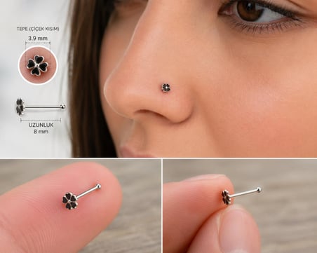 925 Ayar Gümüş Burun Hızması Siyah Çiçek Desenli Minimal Nose Stud Kadın Erkek Unisex 8 mm 