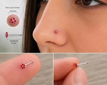 925 Ayar Gümüş Burun Hızması Kırmızı Çiçek Desenli Minimal Nose Stud Kadın Erkek Unisex 8 mm 