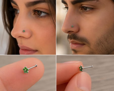 925 Ayar Gümüş Burun Hızması Yeşil Çiçek Desenli Minimal Nose Stud Kadın Erkek Unisex 8 mm 