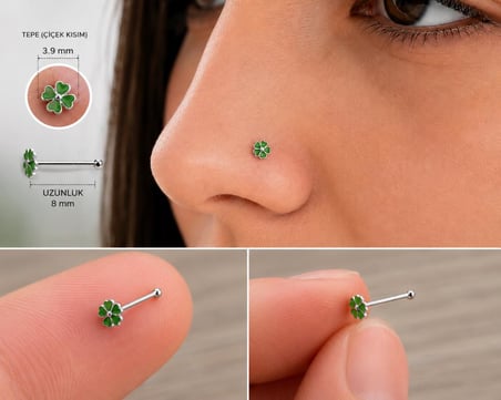 925 Ayar Gümüş Burun Hızması Yeşil Çiçek Desenli Minimal Nose Stud Kadın Erkek Unisex 8 mm 