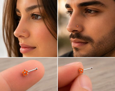 925 Ayar Gümüş Burun Hızması Turuncu Çiçek Desenli Minimal Nose Stud Kadın Erkek Unisex 8 mm 