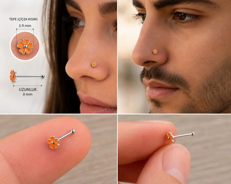 925 Ayar Gümüş Burun Hızması Turuncu Çiçek Desenli Minimal Nose Stud Kadın Erkek Unisex 8 mm 