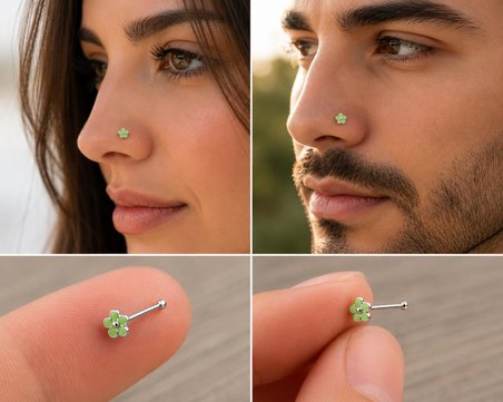 925 Ayar Gümüş Burun Hızması Açık Yeşil  Çiçek Desenli Minimal Nose Stud Kadın Erkek Unisex 8 mm 