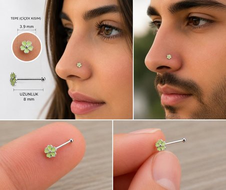 925 Ayar Gümüş Burun Hızması Açık Yeşil  Çiçek Desenli Minimal Nose Stud Kadın Erkek Unisex 8 mm 