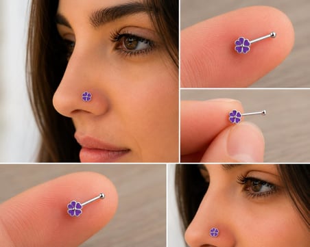925 Ayar Gümüş Burun Hızması Mor Çiçek Desenli Minimal Nose Stud Kadın Erkek Unisex 8 mm 