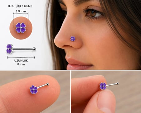 925 Ayar Gümüş Burun Hızması Mor Çiçek Desenli Minimal Nose Stud Kadın Erkek Unisex 8 mm 
