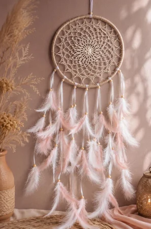 LED Işıklı Düş Kapanı Pudra Beyaz Tüylü Bohem Duvar Süsü 22 CM El Yapımı Dream Catcher Deniz Kabuklu 