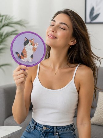 Katlanabilir Mini Çantalı Kedi Desenli Cep Yelpazesi – Taşınabilir Kumaş El Yelpazesi Mor