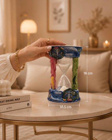Dekoratif Kum Saati Kemer Temalı Cam Seramik Hediyelik Biblo 16x10,5 cm Sehpa Konsol Masaüstü Ev Ofis Dekoru