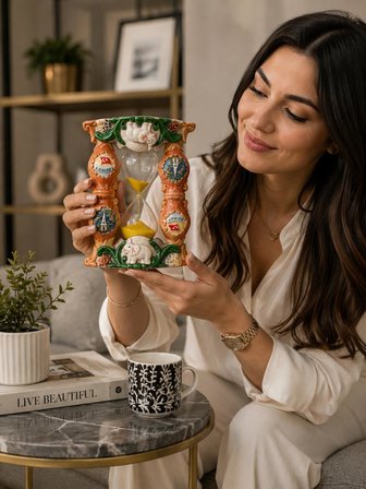Dekoratif Seramik Kum Saati Fil Figürlü Masaüstü Biblo Ev Ofis Sehpa Konsol Dekoru 17x14 cm