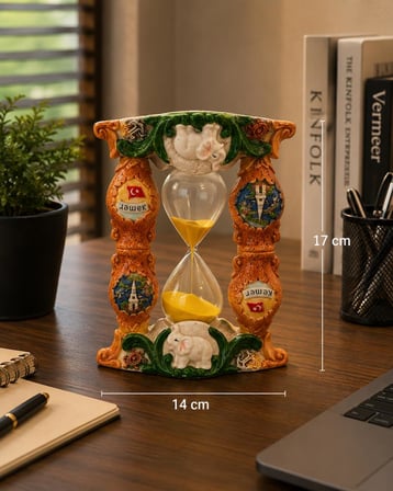 Dekoratif Seramik Kum Saati Fil Figürlü Masaüstü Biblo Ev Ofis Sehpa Konsol Dekoru 17x14 cm