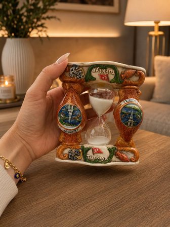 Dekoratif Seramik Kum Saati El Boyaması Türkiye Hediyelik Biblo Masaüstü Ev Ofis Dekoru 13,5 x 12,5 cm