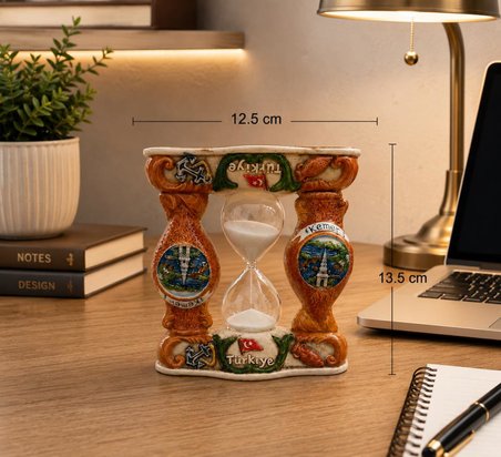 Dekoratif Seramik Kum Saati El Boyaması Türkiye Hediyelik Biblo Masaüstü Ev Ofis Dekoru 13,5 x 12,5 cm