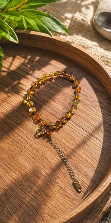 Kehribar Bileklik Sarı Uzatma Zincirli Ara Hematit Taşlı Kadın Erkek Doğal Taş Bileklik