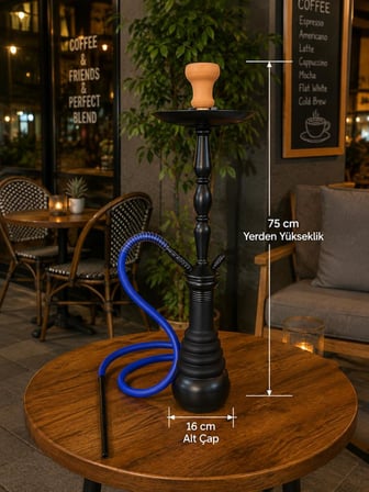 Nargile Seti 75 cm Lüks Uzun Boy Siyah Nargile Takımı Mavi Hortumlu Közlük ve Lüleli