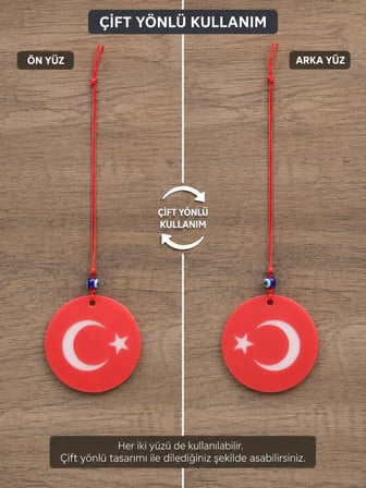 Araba Dikiz Ayna Süsü Türk Bayraklı Çift Taraflı Cam Nazar Boncuklu 25 cm 
