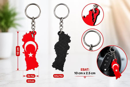 Anahtarlık Türkiye Haritası Türk Bayraklı Ay Yıldızlı Kırmızı 10 cm