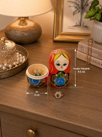 Matruşka El Boyaması Orta Boy Dekoratif Biblo Takı Saklama Kutusu 9.5 cm  