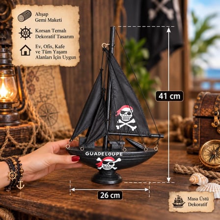 Ahşap Korsan Gemi Maketi Yelkenli Dekoratif Masa Üstü 41 cm 