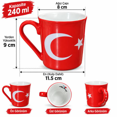 Kupa Bardak 240 ML Porselen Türk Bayraklı Kahve Çay Kupası