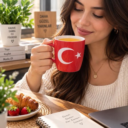 Kupa Bardak 320 ml Porselen Türk Bayrağı Temalı Kırmızı Türkiye Kahve Çay Bardağı 