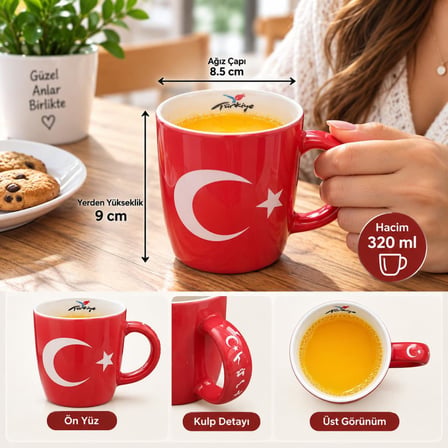 Kupa Bardak 320 ml Porselen Türk Bayrağı Temalı Kırmızı Türkiye Kahve Çay Bardağı 