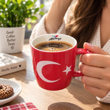Kupa Bardak 320 ml Porselen Türk Bayrağı Temalı Kırmızı Türkiye Kahve Çay Bardağı 