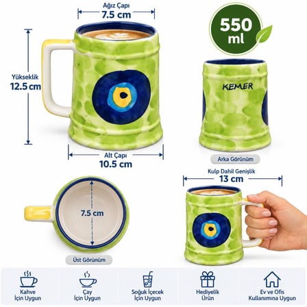 Kupa Bardak 550 ml Nazar Boncuklu Kemer Temalı Yöresel Hediyelik 