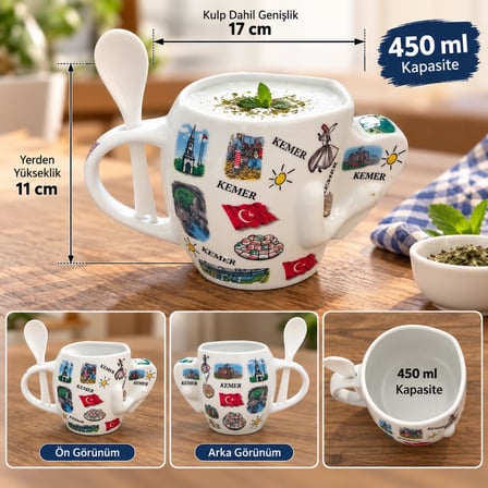 Kupa Bardak 450 ml Kemer Temalı Kaşıklı Dekoratif Hediyelik 