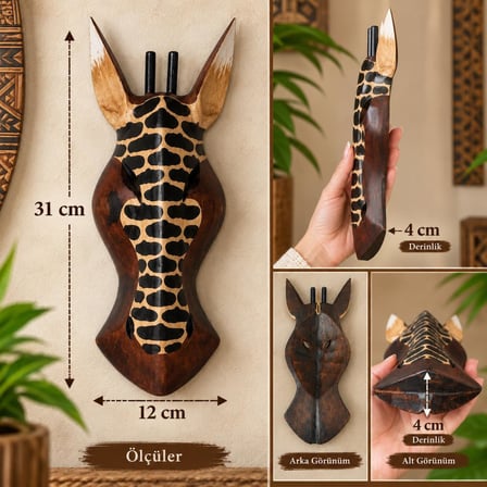 Ahşap Maske 31 cm Zürafa Dekoratif Etnik Duvar Süsü  