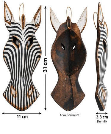 Ahşap Maske 31 cm Zebra Dekoratif Etnik Duvar Süsü  