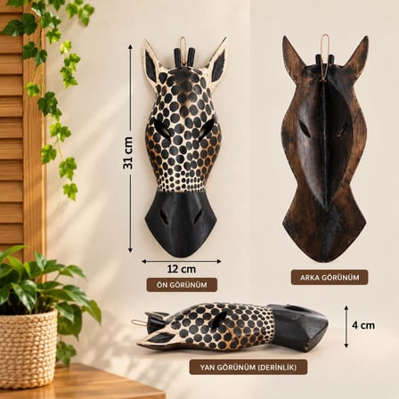 Ahşap Maske 31 cm Zürafa Dekoratif Etnik Duvar Süsü  