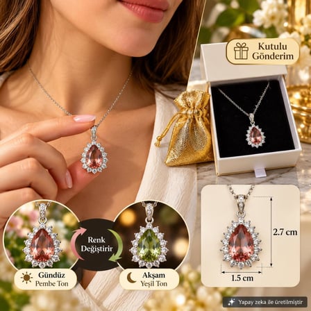 Zultanit Renk Değiştiren Sultanit Damla Taşlı Çelik Zincirli Kutulu Keseli Kolye 