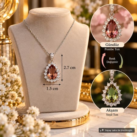 Zultanit Renk Değiştiren Sultanit Damla Taşlı Çelik Zincirli Kutulu Keseli Kolye 