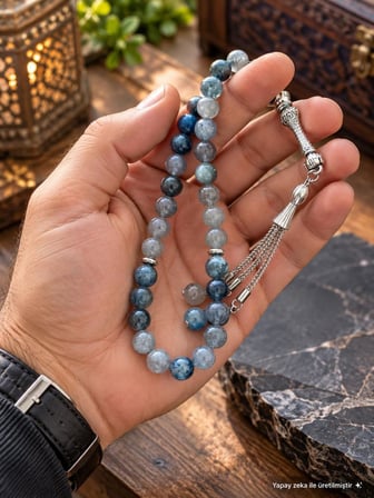 Tesbih Mavi Kuvars 08 mm 33’lü Premium Kalite Gerçek Doğal Taş Özel Tasarım Kutulu Tesbih