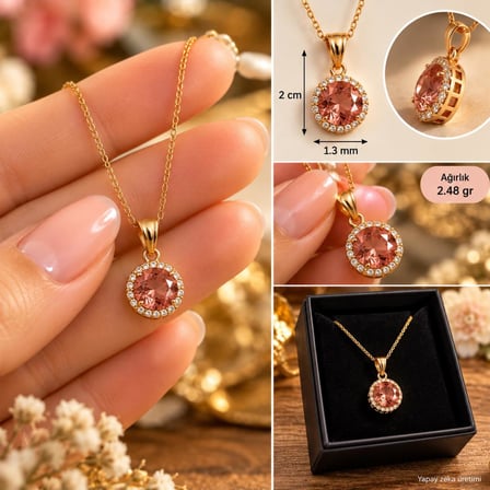 Zultanit Renk Değiştiren Sultanit Taşlı Gold Çelik Kolye Kutulu Keseli