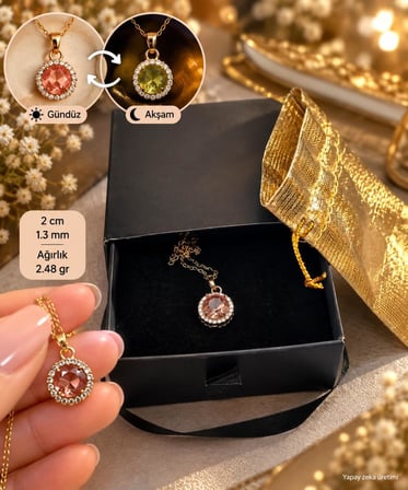 Zultanit Renk Değiştiren Sultanit Taşlı Gold Çelik Kolye Kutulu Keseli