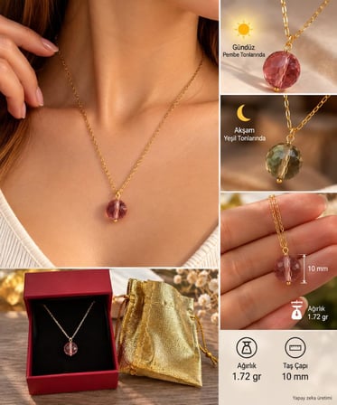 Zultanit Kolye Renk Değiştiren Sultanit Gold Renk Çelik Zincir Kutulu Keseli