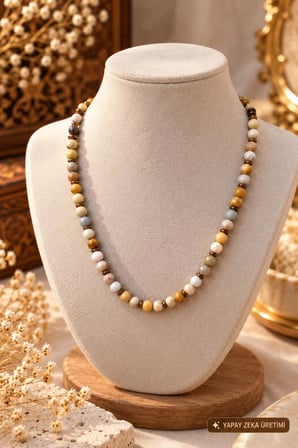 Doğal Taş Kolye Fosil Mercan Hematit Premium Kalite El Yapımı Çelik Uzatma Zincir Kutulu Kolye
