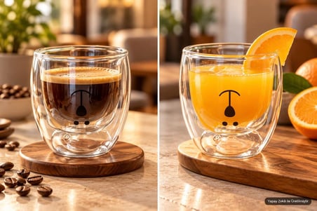 Bardak Kupa 250 ml Çift Cidarlı Cam Ayı Figürlü Çay Kahve Bardağı 