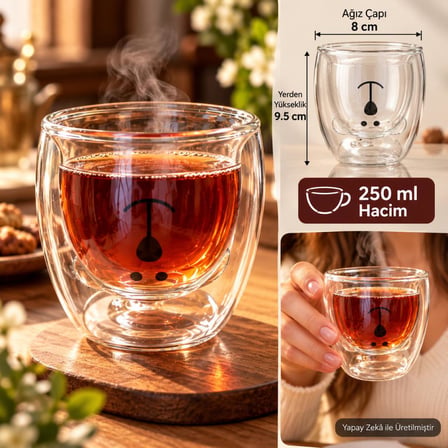 Bardak Kupa 250 ml Çift Cidarlı Cam Ayı Figürlü Çay Kahve Bardağı 