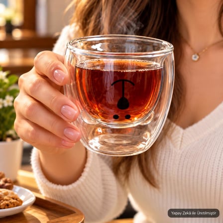 Bardak Kupa 250 ml Çift Cidarlı Cam Ayı Figürlü Çay Kahve Bardağı 